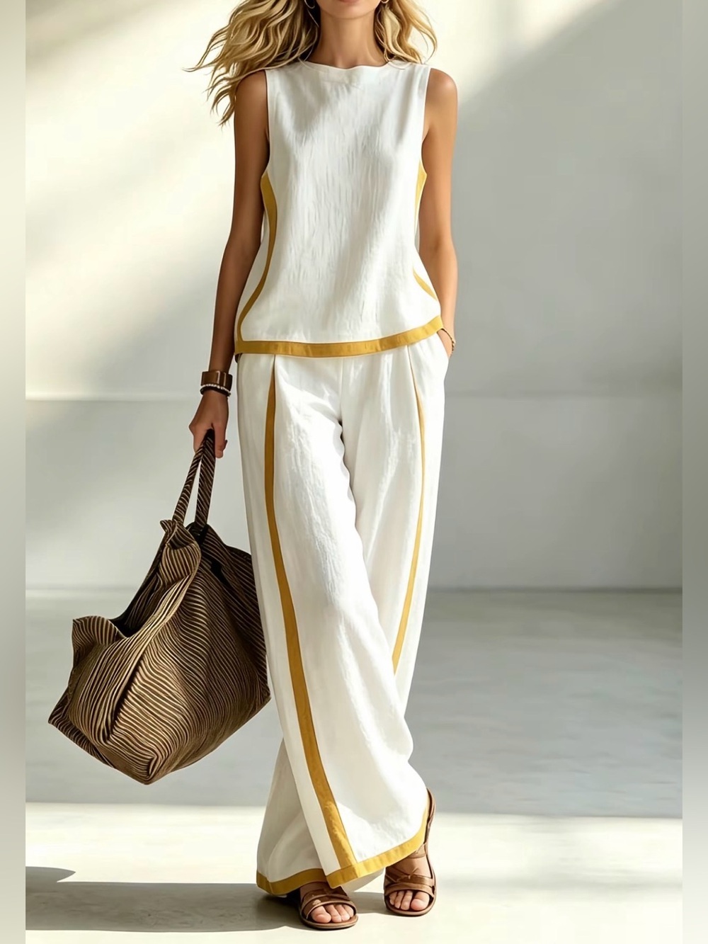 White & Mustard Linen-Trim Wide Leg two piece set - Picture 2 of 3